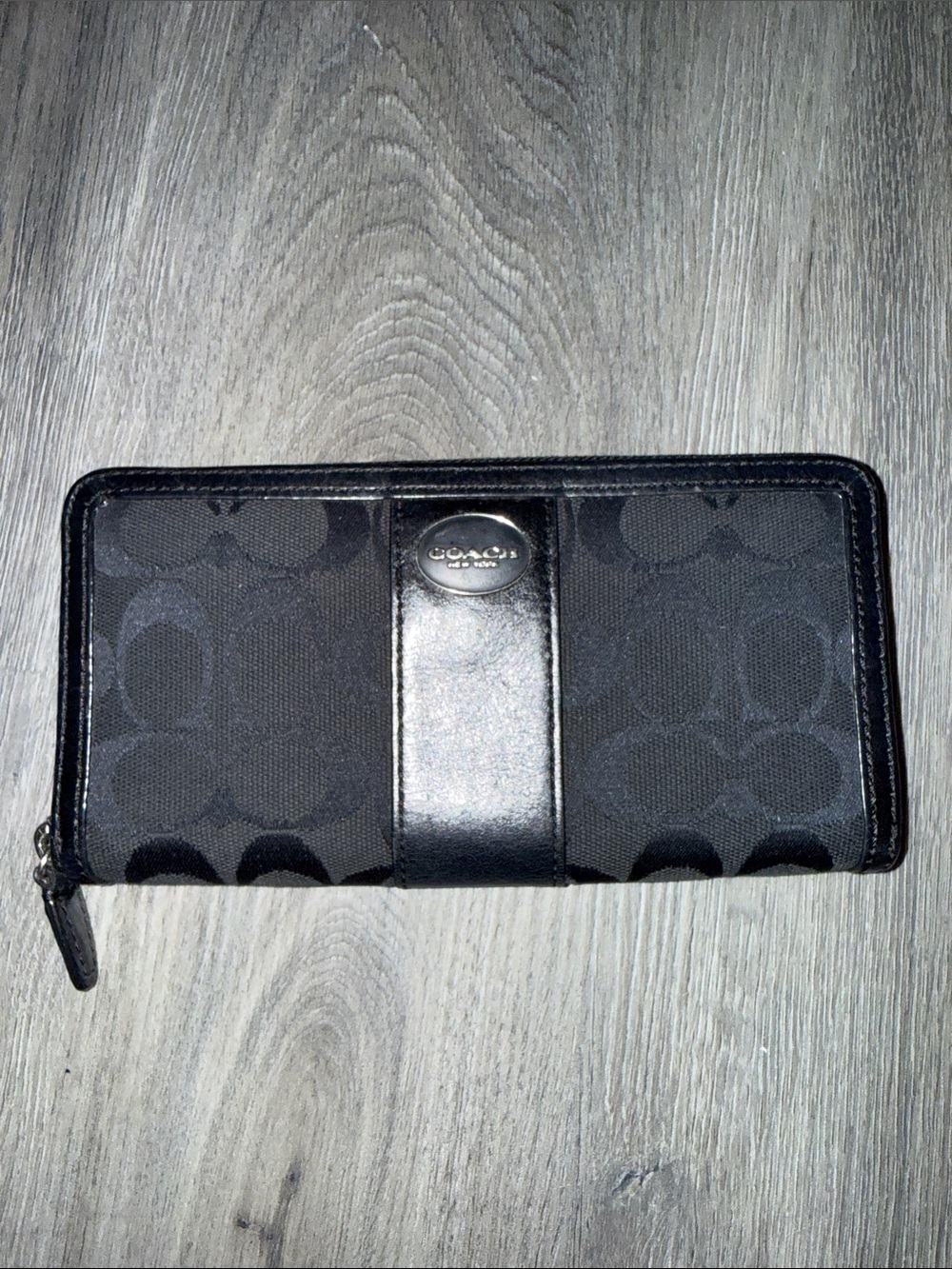 Coach Black Signature Zip Wallet with Leather Trim (slight call out on inside)